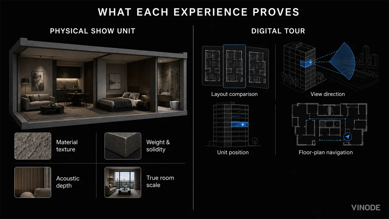 Cutaway apartment render beside floor-plan and building navigation diagrams