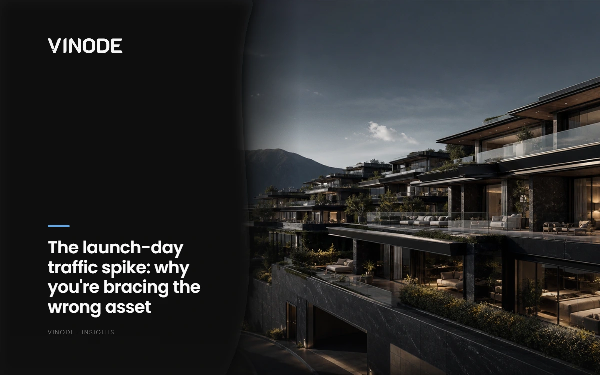 A 3D render of luxury hillside residential buildings with glass facades and mountain views