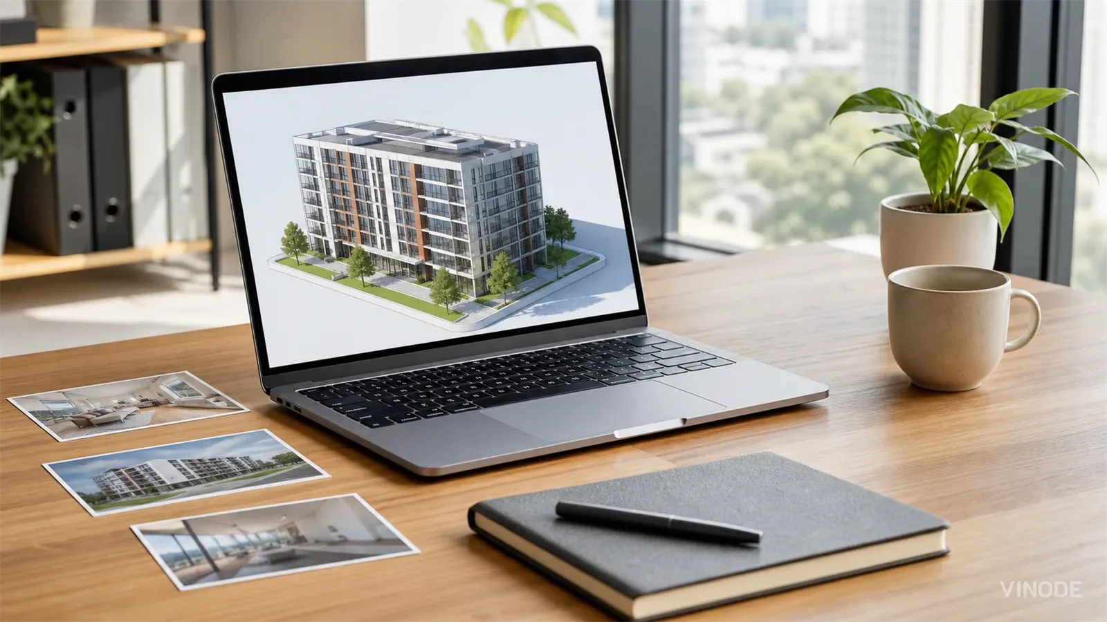 A laptop showing a 3D building render beside printed photos and a desk plant