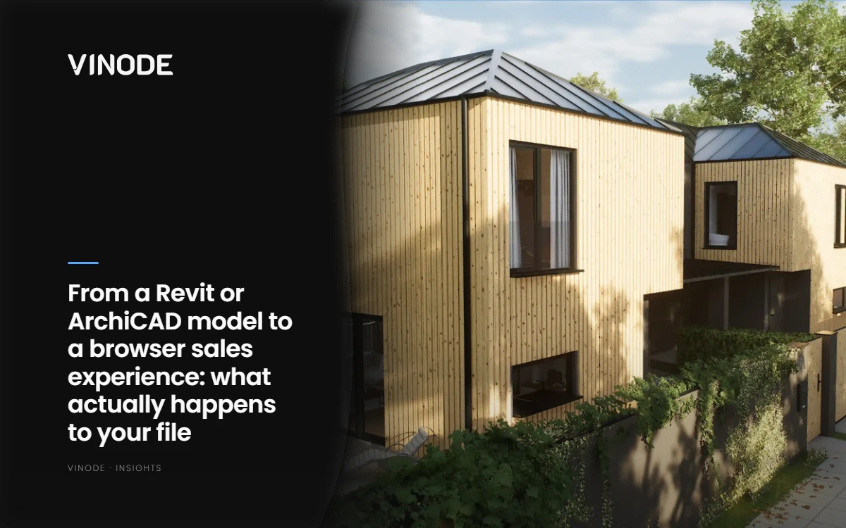 A 3D render of a modern residential building with metal cladding and landscaping