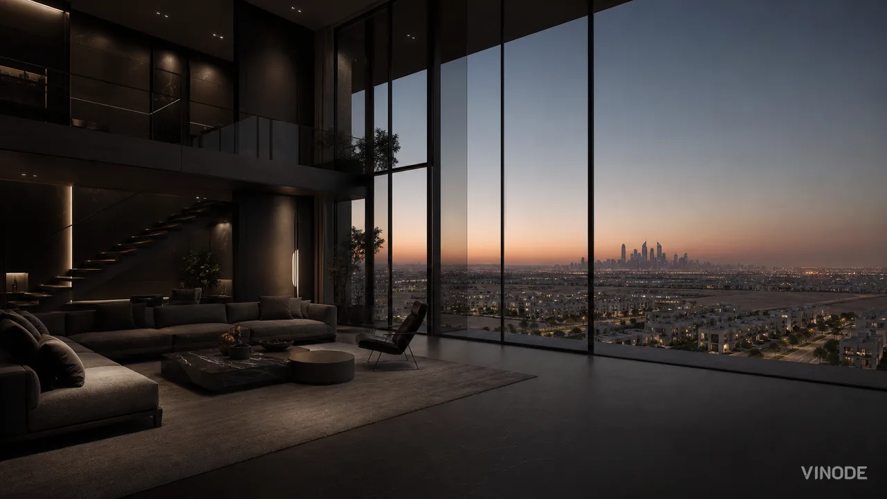 A duplex living room in the foreground with the surrounding Riyadh masterplan district visible through a floor-to-ceiling window — the unit and the whole development held in one view.