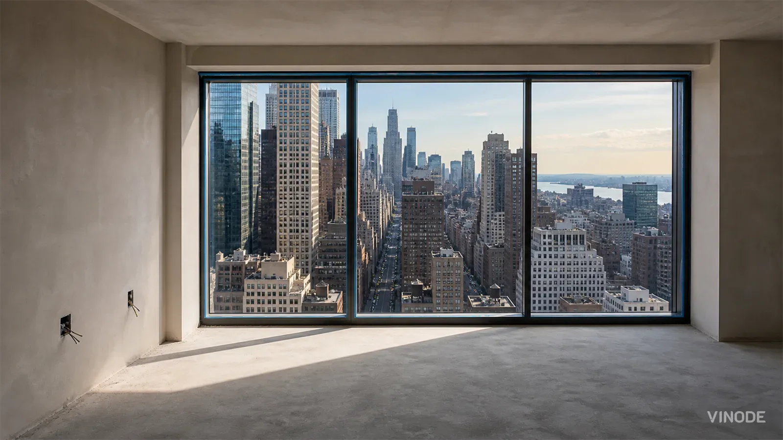 Unfinished room with wide windows overlooking a dense city skyline