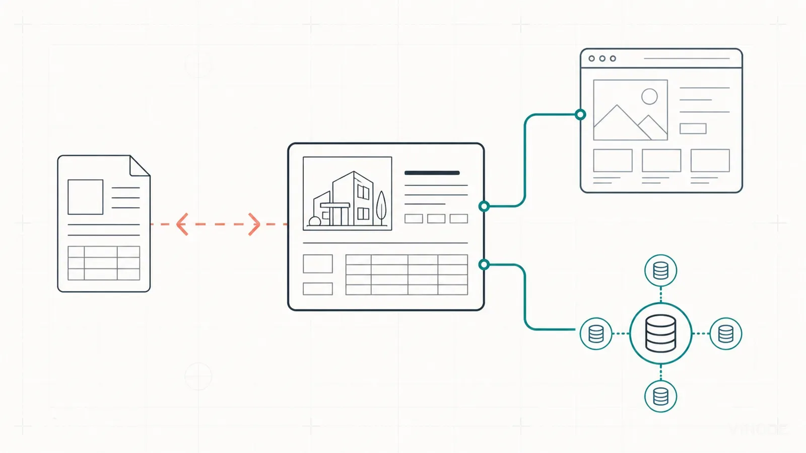 Line diagram connecting documents, web pages, and database symbols