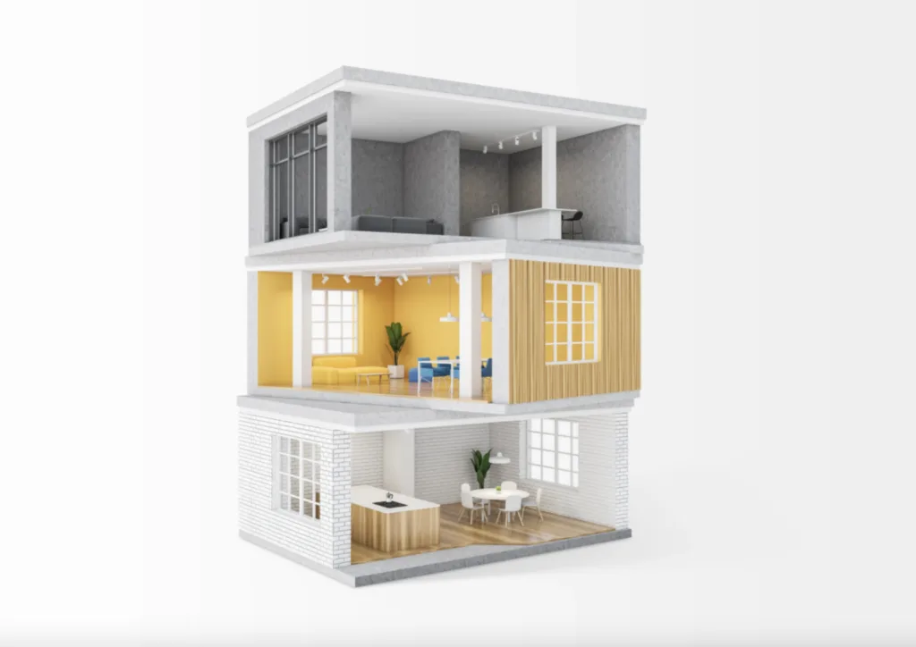 Cutaway render of a three-storey home showing furnished rooms on each floor