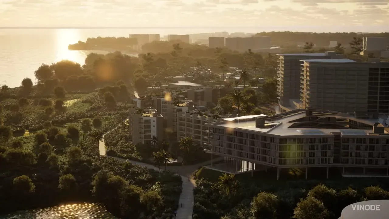 Aerial render of modern apartment buildings amid greenery and a canal at golden hour