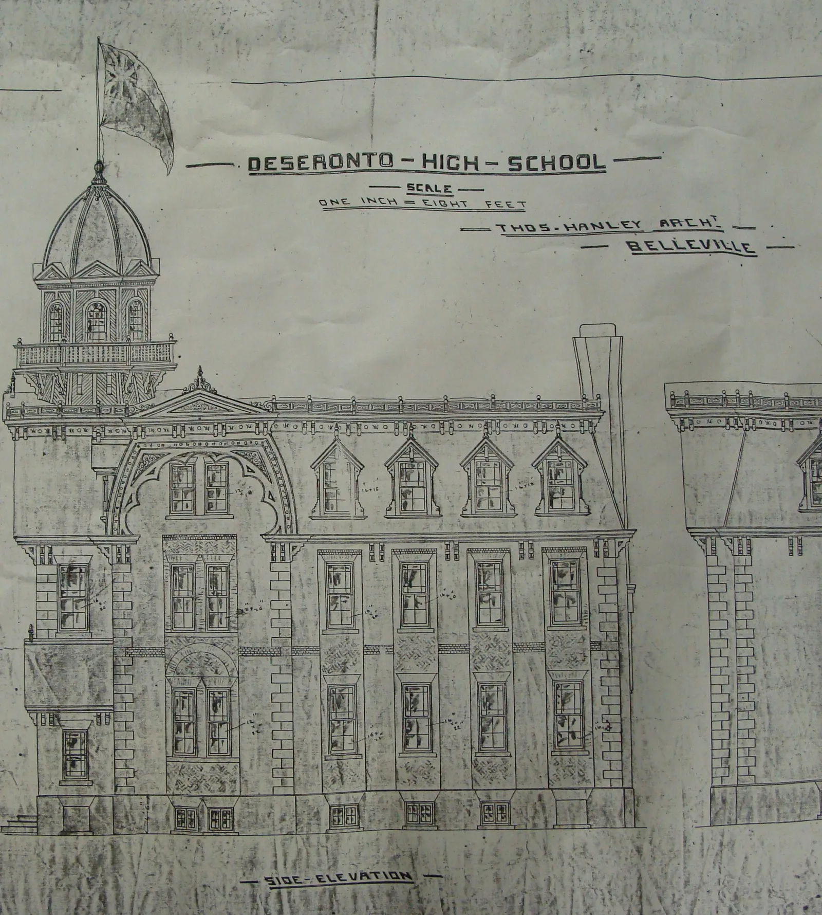 Aged architectural elevation drawing of an ornate school building