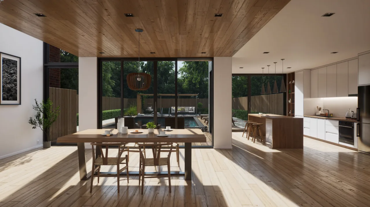 Open-plan kitchen and dining area with glass doors to a garden