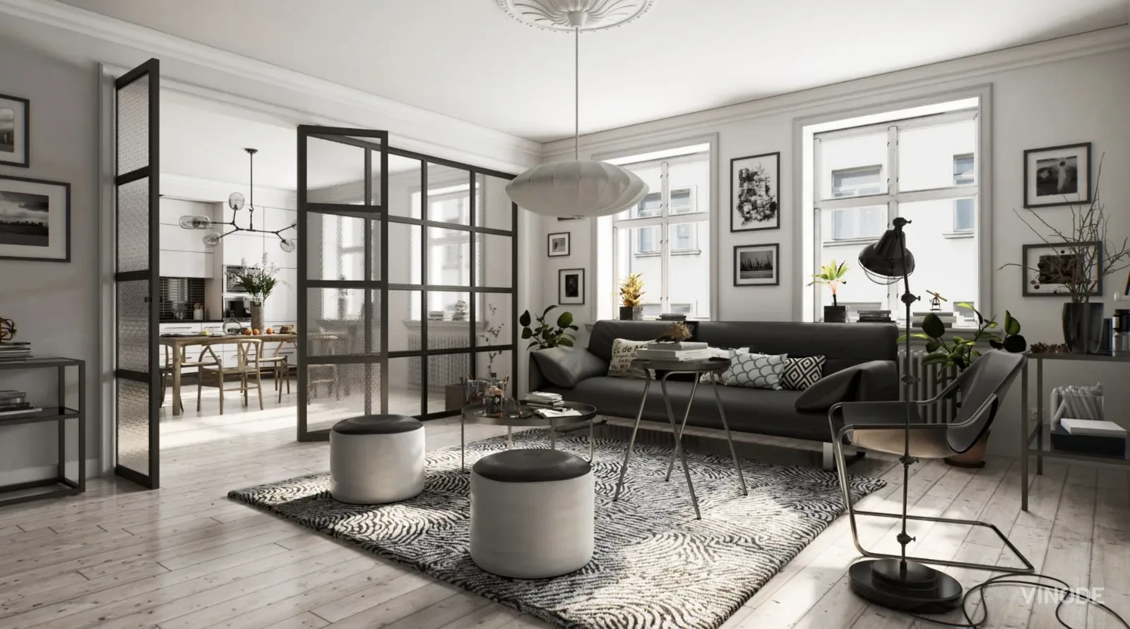 A photorealistic 3D render of a bright Scandinavian-style living room opening onto a kitchen, of the kind Vinode produces for real estate web apps.