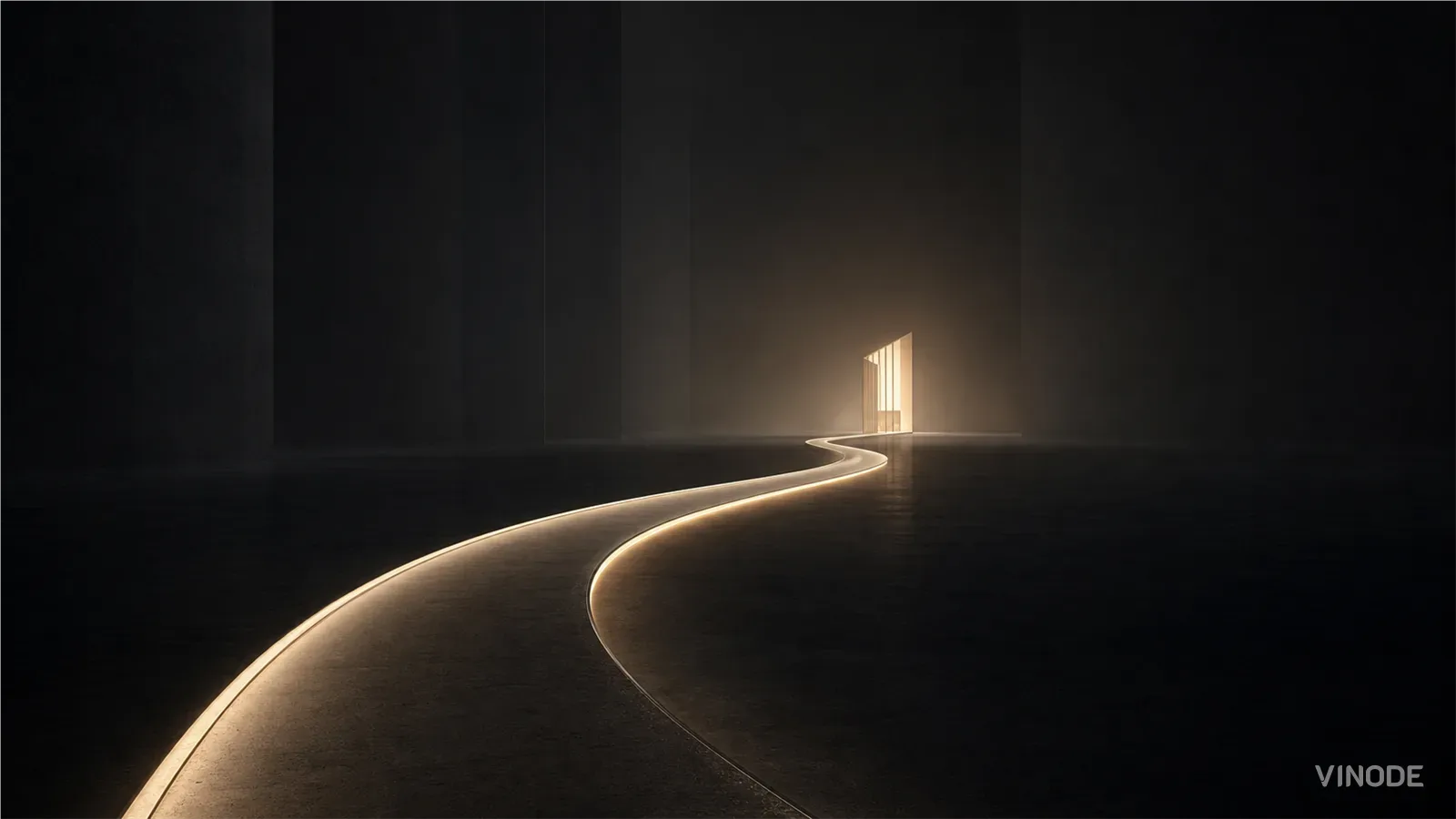 Glowing curved path leads toward a bright narrow doorway