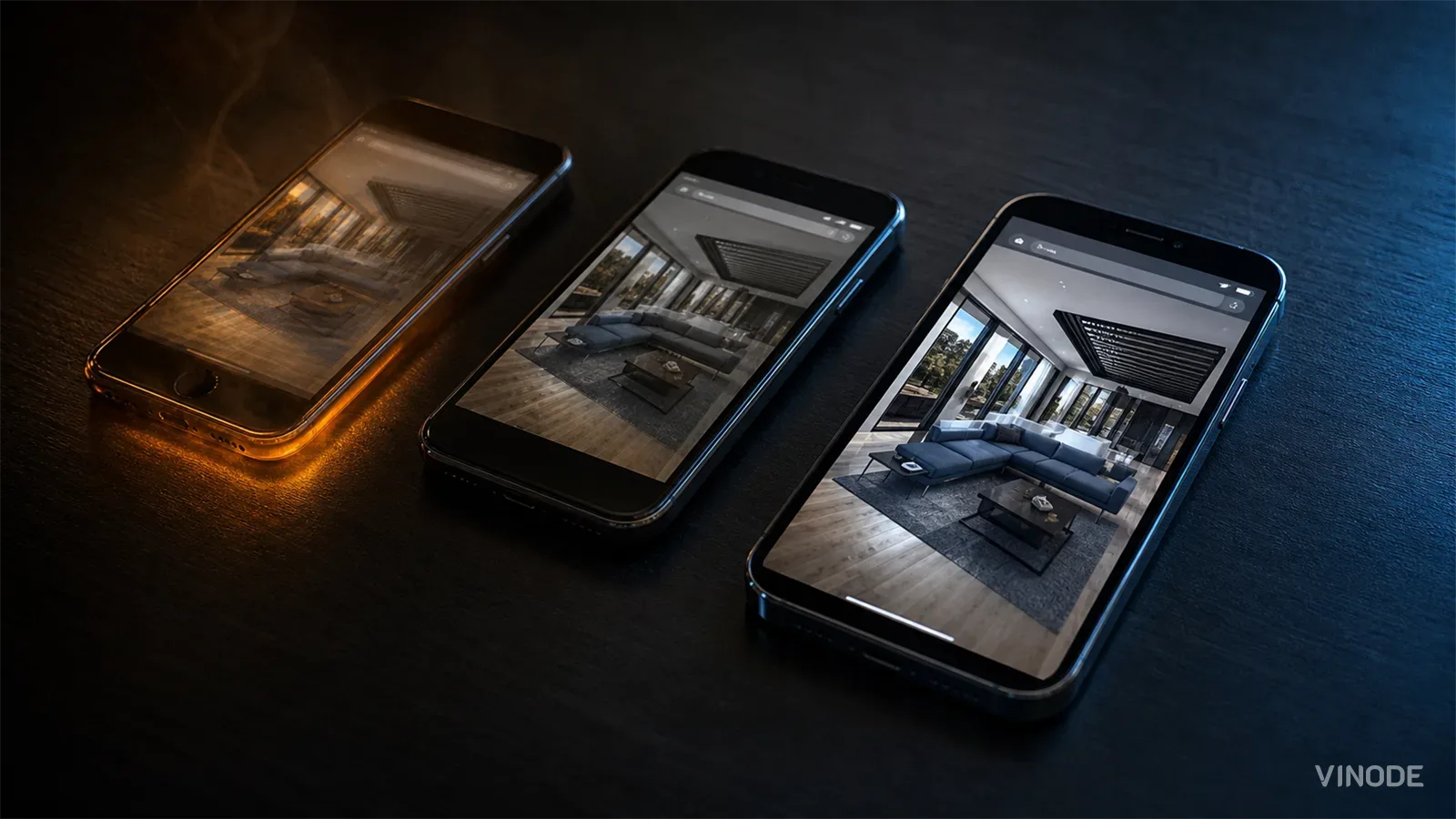 A photorealistic Vinode property render running on a smartphone.