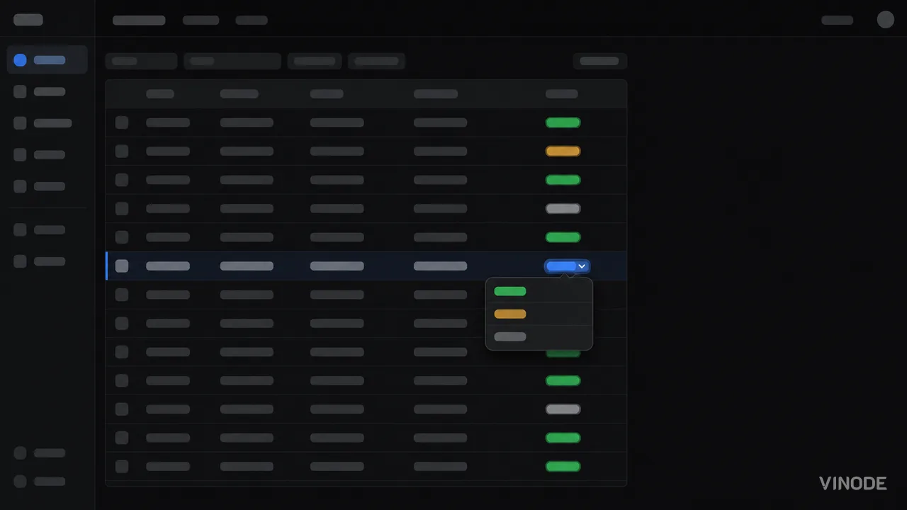 Dark admin dashboard listing apartment rows with green, amber and grey status pills, one row mid-edit with its status dropdown open