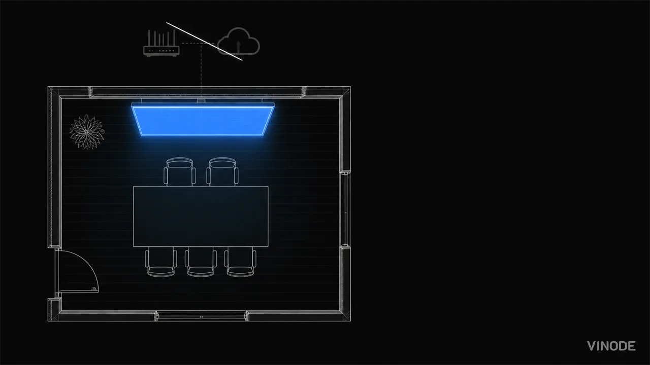 Overhead plan of a small meeting room with a table, seats and a large glowing wall screen; a router and cloud symbol above are crossed through