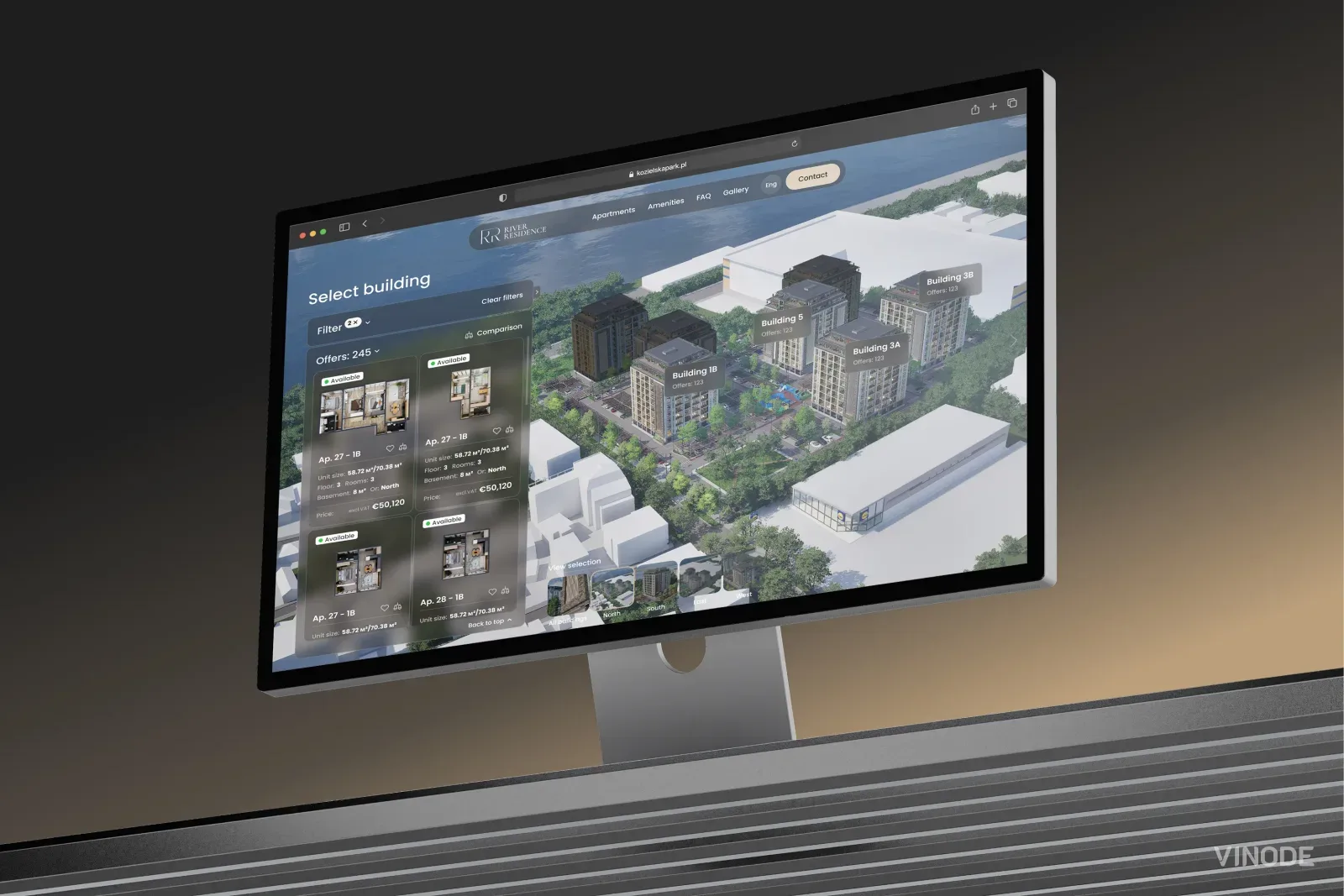 A desktop monitor showing a property website's building-selection screen, with a filterable list of available apartments and their floor plans beside a bright 3D aerial render of a residential development with labelled buildings.