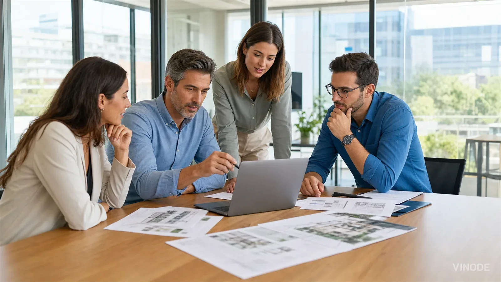 Four people examining a laptop and printed floor plans at an office table