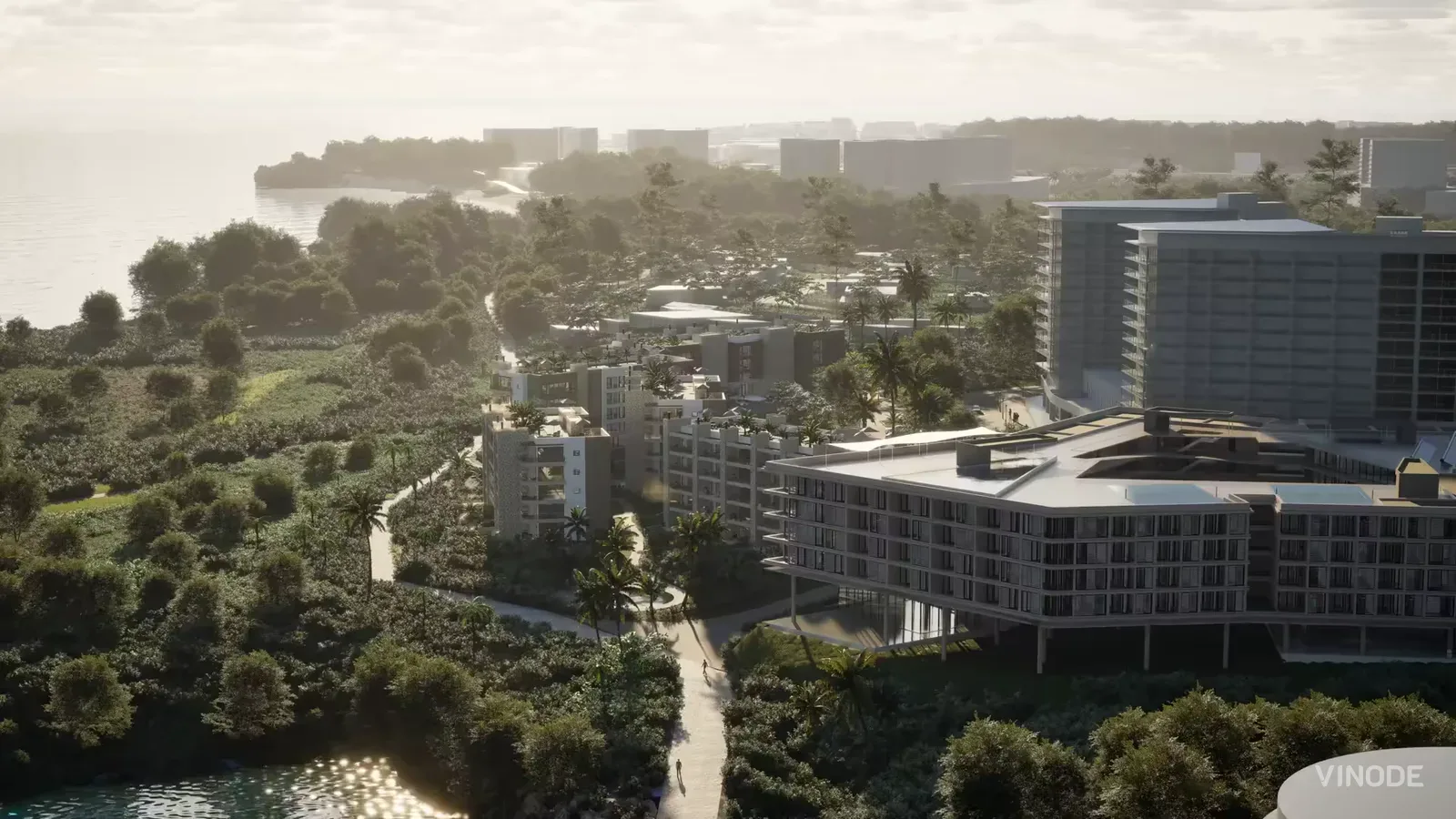 Pre-rendered 3D render of a residential development, streamed in the browser