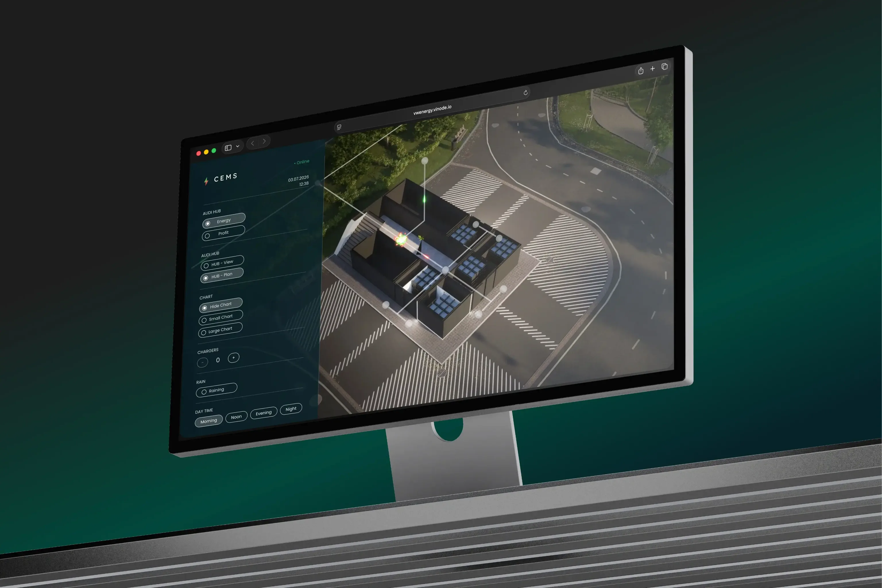 A 3D digital twin of an EV charging hub with rooftop solar in the Vinode web app, with a CEMS energy-management control panel down the left side