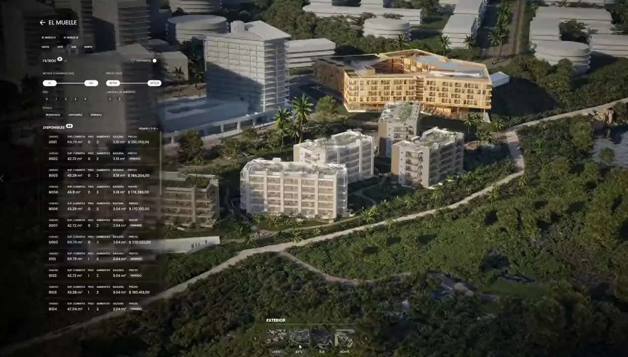 Interactive 3D view of a residential development with selectable buildings