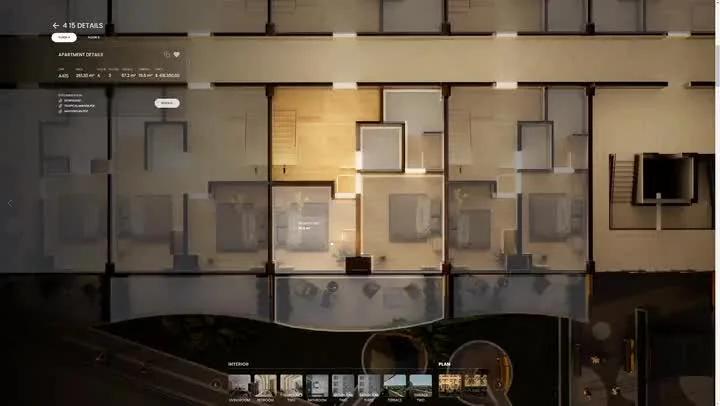Modern apartment interior with sectional sofa and floor-to-ceiling windows