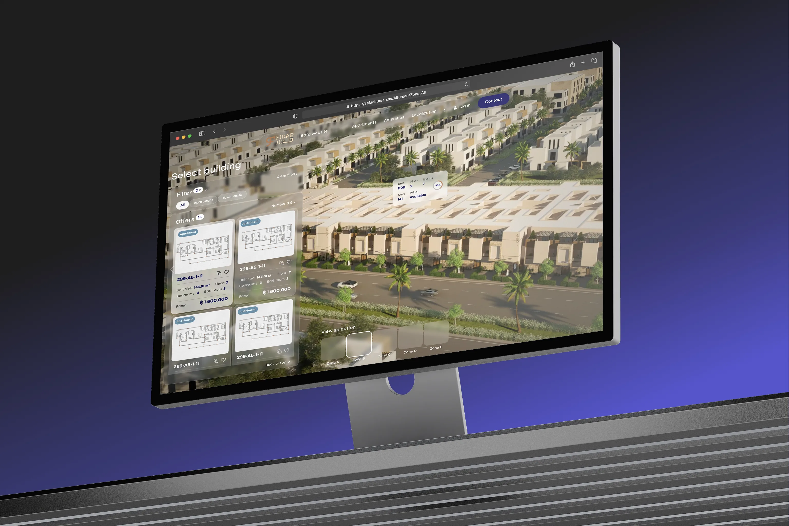 Safa Fidar linear residential development — Vinode 3D web app