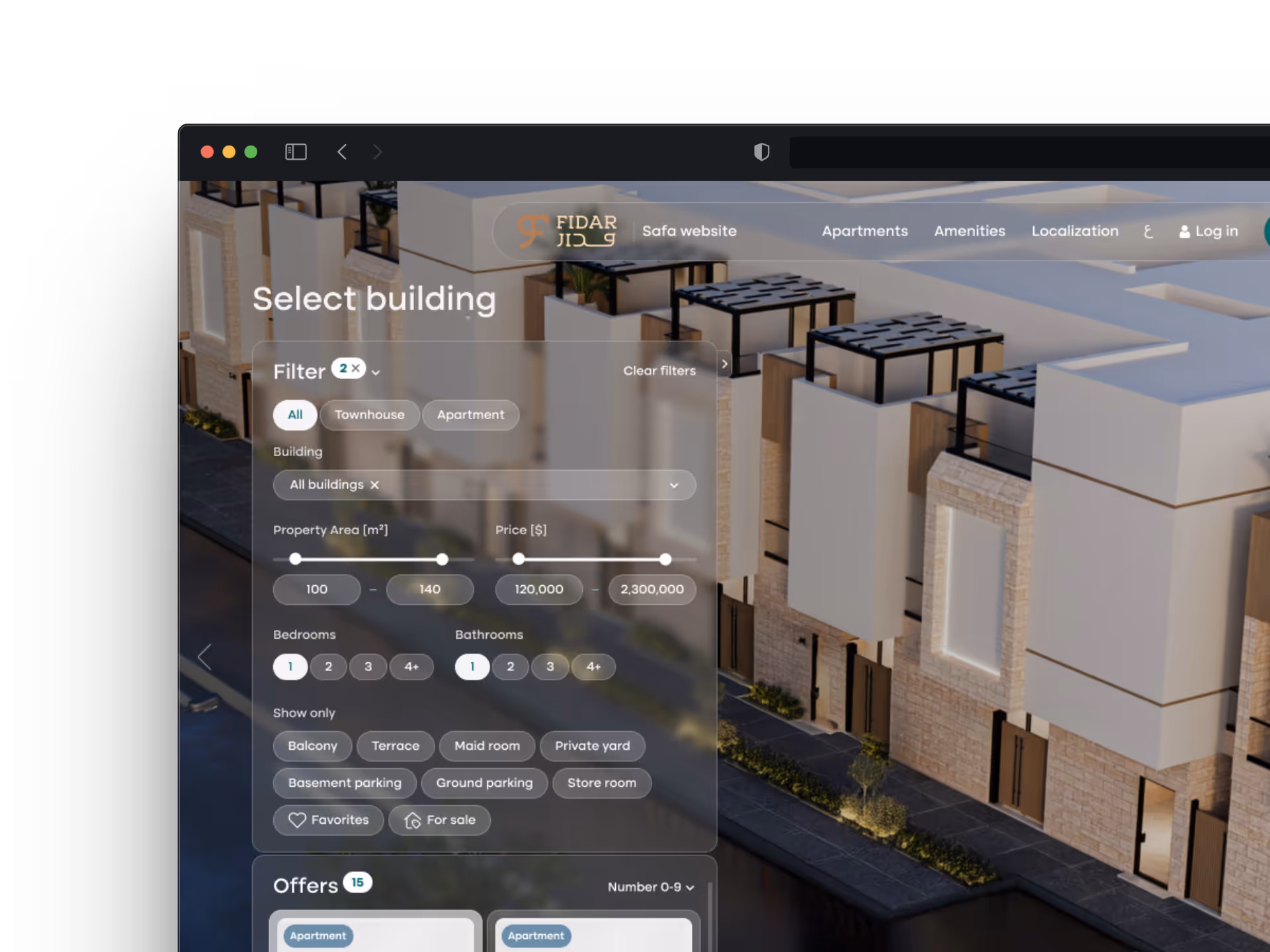 Interactive unit selector highlighting a specific building within a development